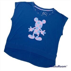 DISNEY Cap Sleeve Blue Plaid Mickey Mouse Hi-Low Top 2X